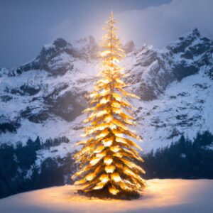 AI generated image of a christmas tree with christmas lights and snowy forest and mountains in the background